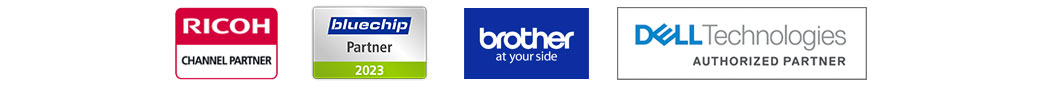 Unsere Technologie-Partner: RICOH Channel Partner, bluechip Partner 2023, Brother, Dell Technologies Authorized Partner